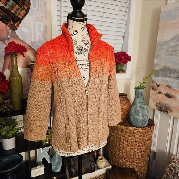 New Rachel Rachel Roy Orange/ Tan Ombra Thick Cable Knit Zipper Front Sweater. - Picture 13 of 15